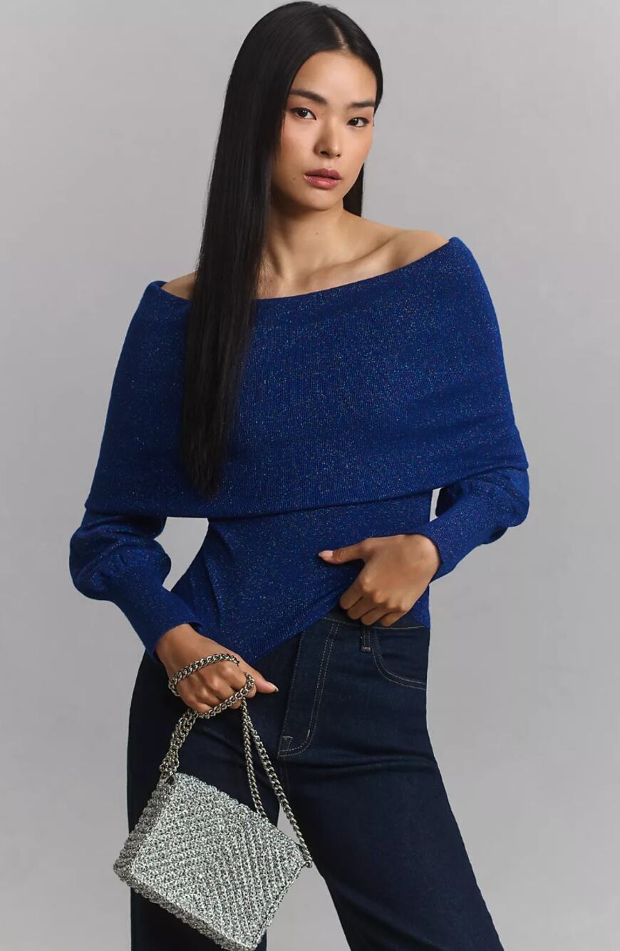 By Anthropologie Sensual Off-the-Shoulder Sweater in Metallic Blue S NWT $148